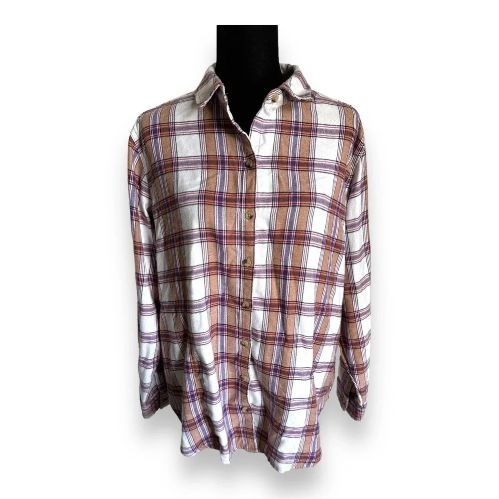 JACHS Girlfriend‎ Anniversary Flannel Shirt L Tan Purple Pink Plaid Soft Pockets